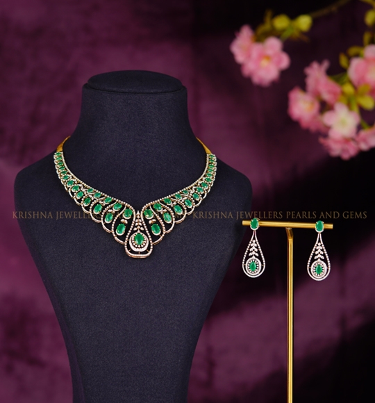 Fancy Diamond Necklace Set  Featured With Colour Stones