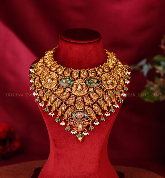 Gold Choker with Nakshi Pattern Peacock Design Featuring Rubies and Emerald Pota