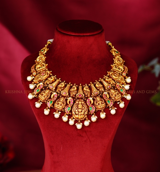 Gold Choker With Laxmi Devi Pattern and Pearls