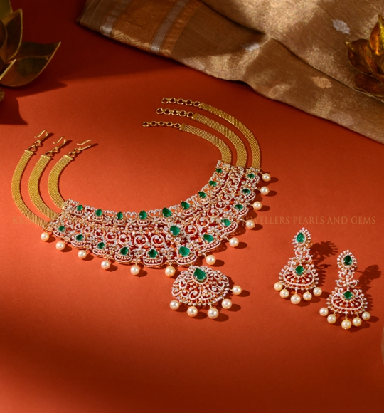 Detachable Diamond Necklace Set with Colour Stones