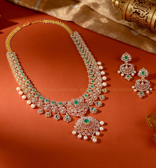 Long Diamond Haram with Colour Stones and Matching Earrings