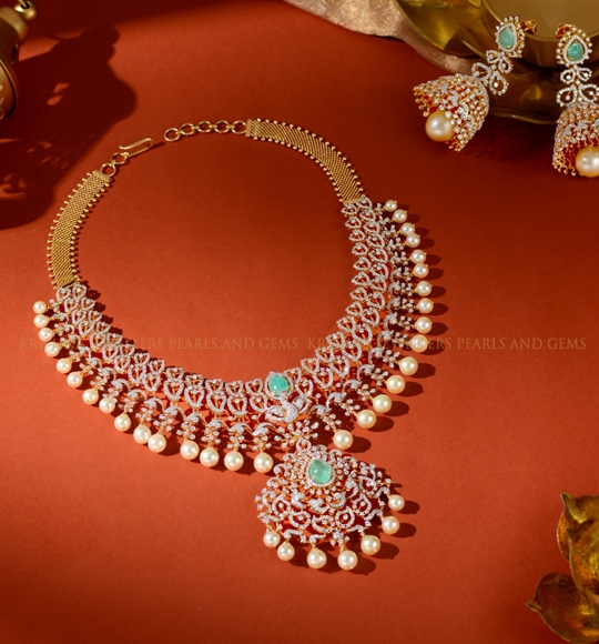 Stunning Diamond Necklace Set with Morganite Tanzanite and Emerald Pota