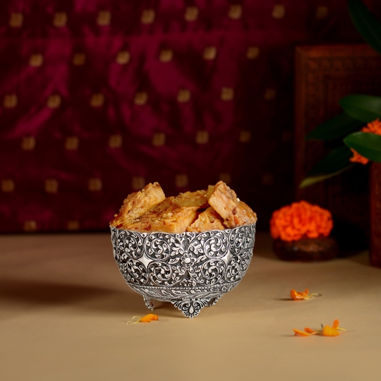 Silver Bowl with Antique Finish and Flower Design