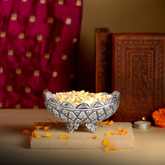 Fancy Silver Bowl with Antique Finish and Floral Pattern