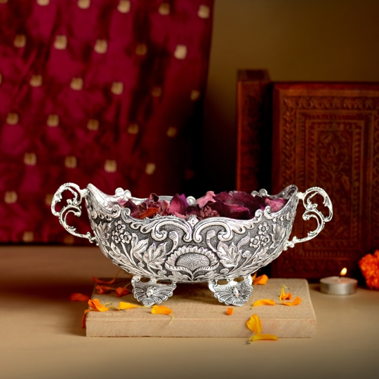 Silver Bowl with Antique Finish and Floral Pattern