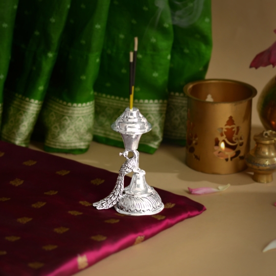 Peacock Design Silver Agarbatti Stand