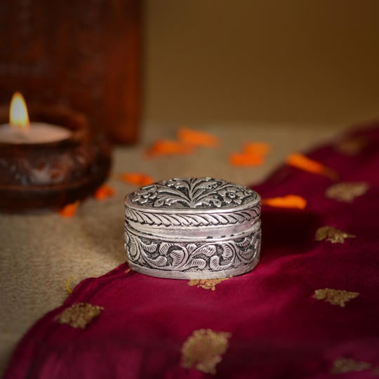 Silver Kumkum Box With Floral Design