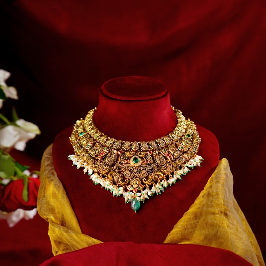 Unique Shaped Necklace with Colour Stones and Pearls