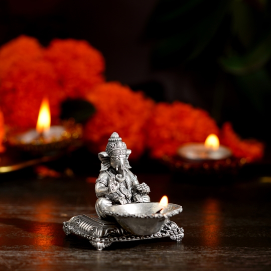 Silver Lord Ganesh Diya with Lotus Pedestal