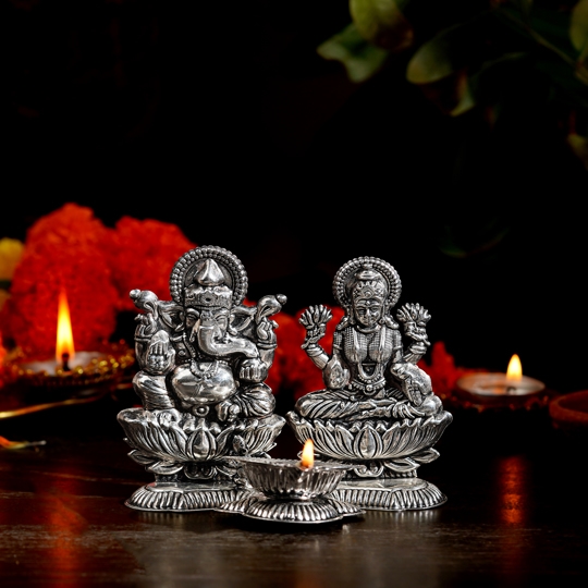 Ganesh and Lakshmi Diya with Lotus Design