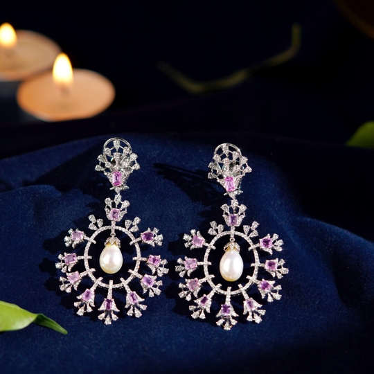 Pink Stone Dangling Diamond Earrings