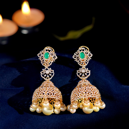 Traditional Green Stone Jhumka with Pearls