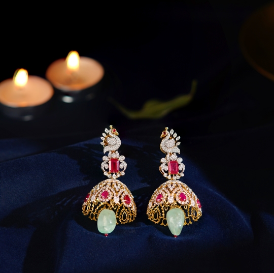 Diamond Jhumka with Peacock Stud