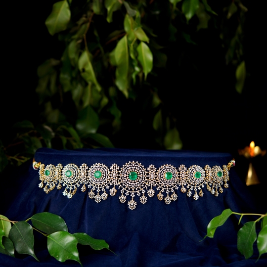 Diamond Vaddanam with Green Stones and Floral Motifs