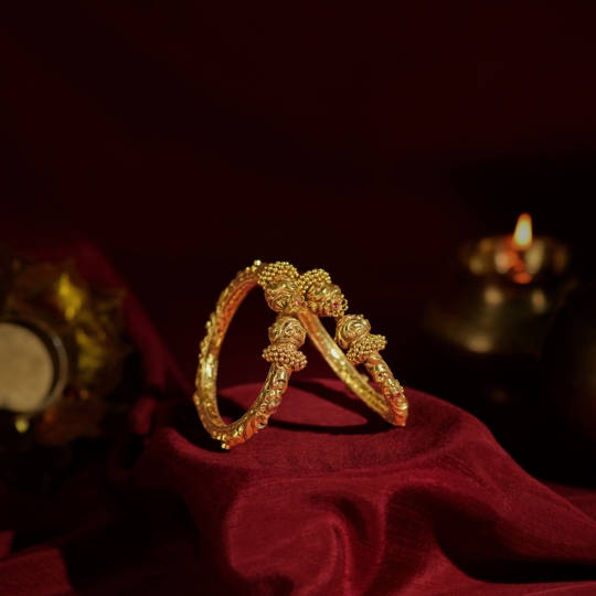 Gold Kadha Bangles with Ruby Flower Motif