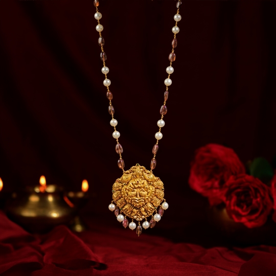 Classic Gold Necklace Pendant with Ruby and Pearl Beads