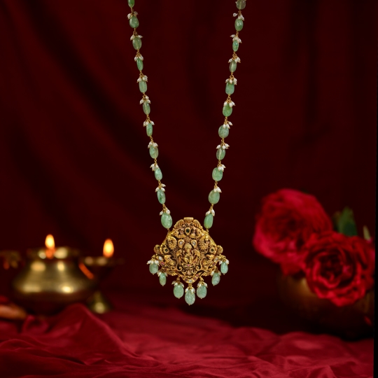 Gold Necklace with Laxmi Devi Pendant and Motifs