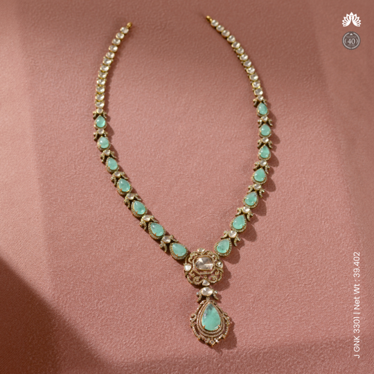 Polki Diamond Necklace with Emerald and Diamond Pendant