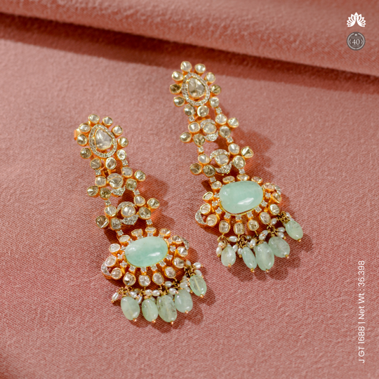 Emerald & Diamond Polki Earrings With Floral Motif