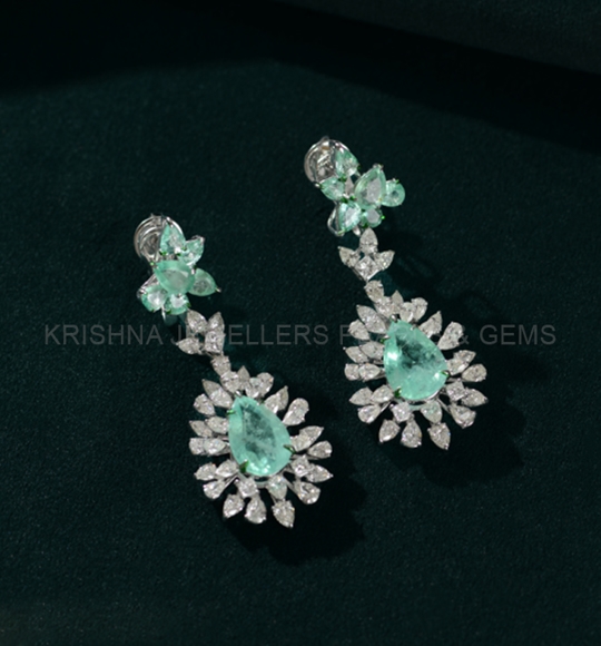 Floral Diamond Earrings With Aquamarine Emerald Drop