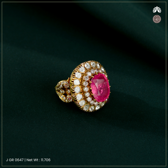 Ruby Polki Ring With Radiant Double Halo