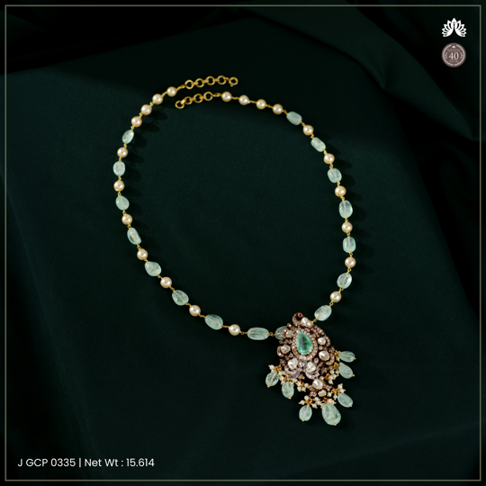 Diamond Necklace with Pearls And Emerald Floral