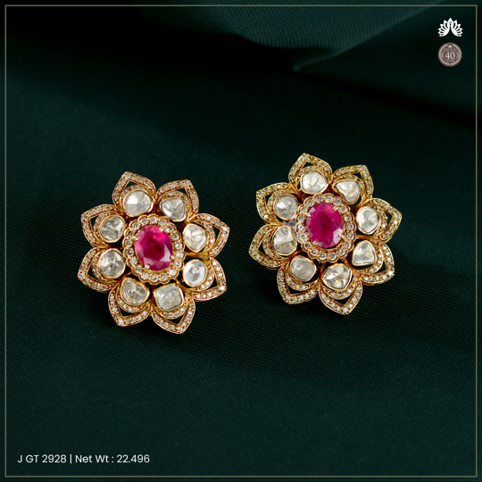 Floral Ruby and Polki Diamond Earrings