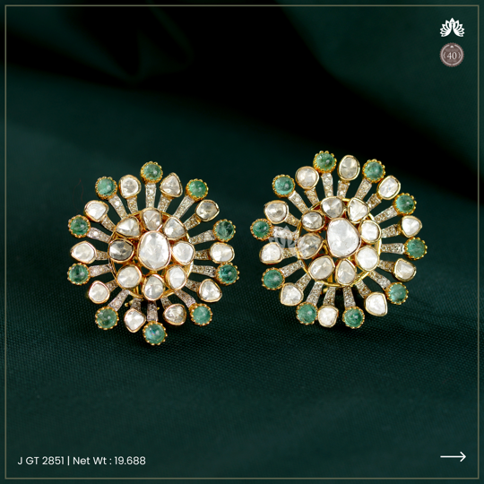 Floral Elegance: Polki Diamond & Emerald Earrings