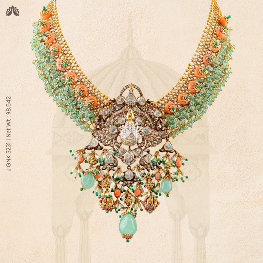 Elegance in Bloom: 18k Polki Necklace with Ruby, Coral, Emerald, Diamonds & Pearls