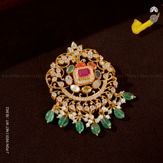 22k Gold Floral Pendant with Navaratna, Emeralds & Pearls