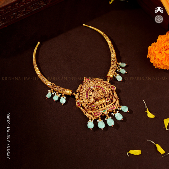 22K Peacock Kanti Necklace with Diamonds & Emeralds