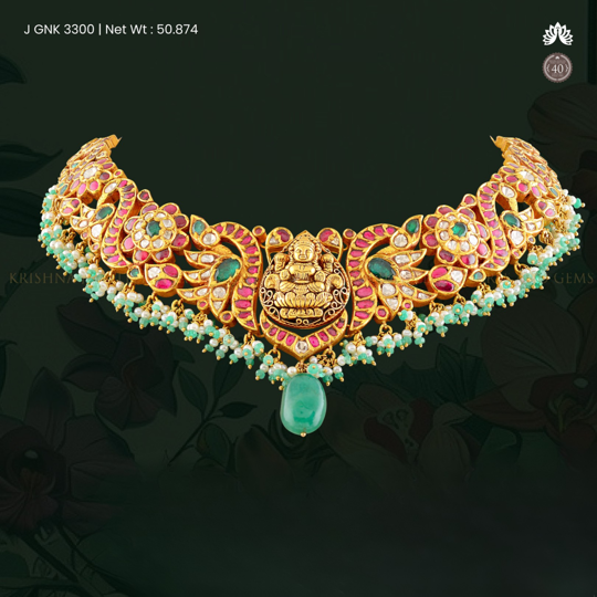 22k Kundan Necklace with Lakshmi Devi & Floral Motifs