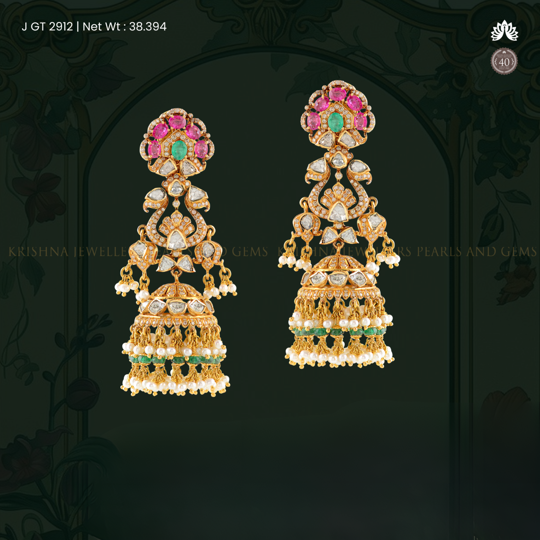 18K Gold Kundan Jhumka Earrings with Floral Motif