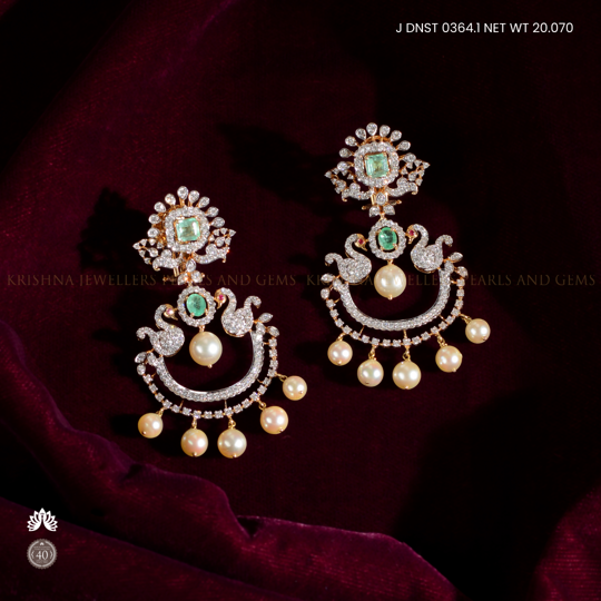 18k Gold Diamond Earrings with Emerald and Pearls