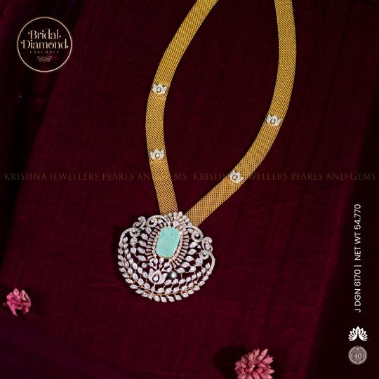 Gold Mesh Necklace with Diamond and Emerald Pendant