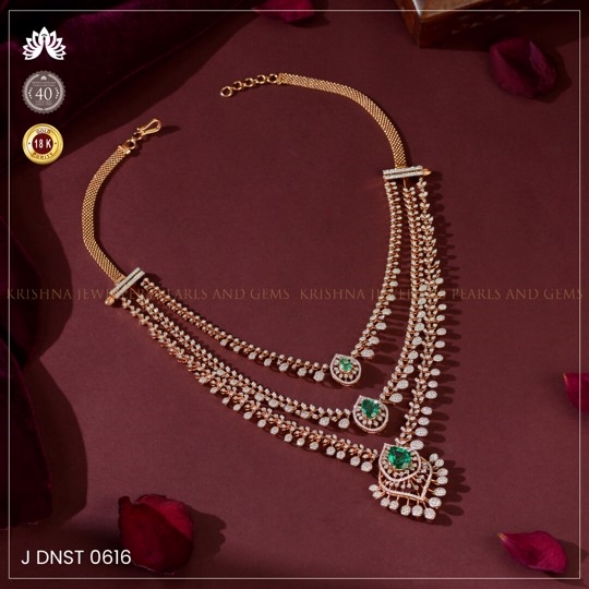 3-Layered Diamond and Emerald Necklace with Pearls