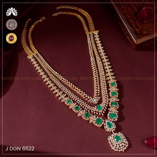 Beautiful 3-Layered Diamond and Emerald Long Haar Necklace