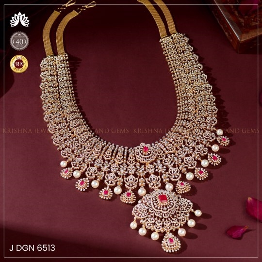 Exquisite Diamond Bridal Long Haar Necklace with Rubies and Hanging Pearls