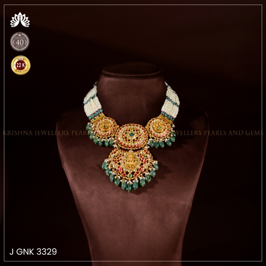 22K Gold Kundan Laxmi Devi Necklace with Rubies and Kakamoti Pearls