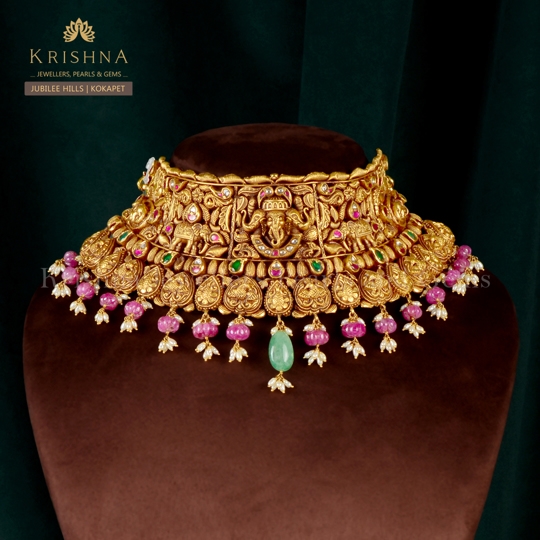 Beautiful 22k Gold Bridal Choker with Ganesh and Elephant Theme, Pearls and Emeralds Traditional Temple Jewellery