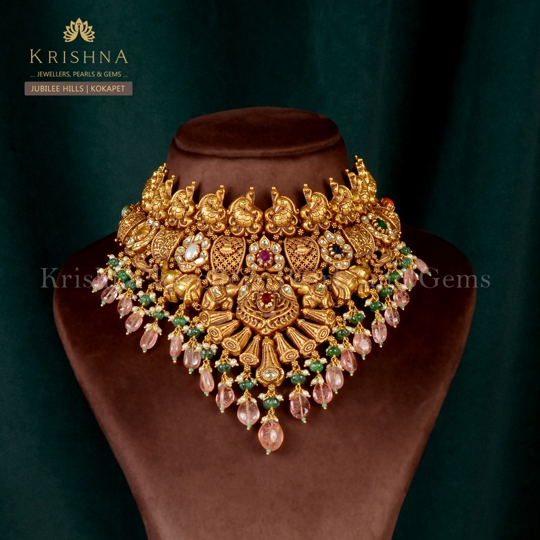 22k Gold Bridal Choker with Elephant and Peacock Theme, Pearls and Emeralds