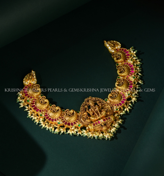 22K Lakshmi Bridal Necklace with Diamonds, Ruby Emerald Pota  Peacock Detailing