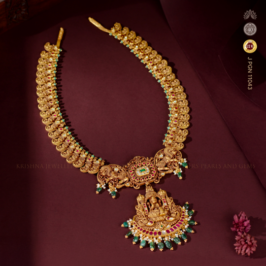 22K Gold Long Mango Haar Antique Necklace with Laxmi Devi Pendant, Ruby and Emerald Detailing
