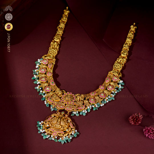 22K Gold Peacock Design Lakshmi Devi Long Bridal Necklace