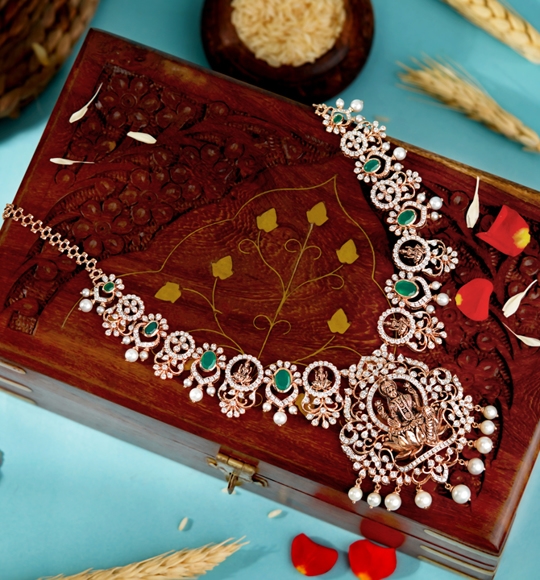 Exquisite 18K Gold Diamond and Emerald Laxmi Devi Necklace